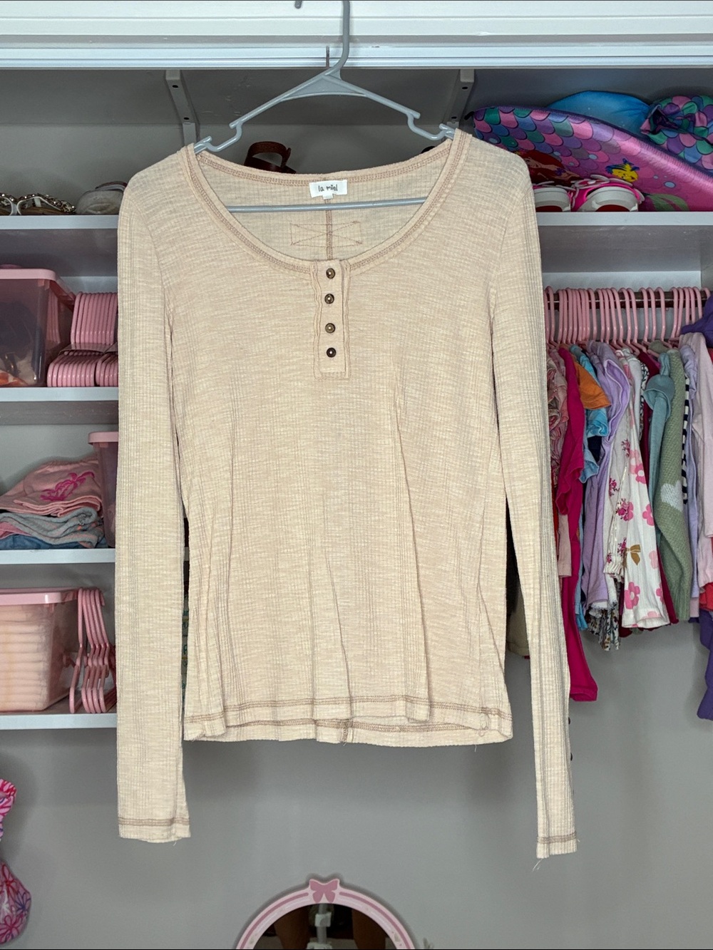 LA MIEL Light Beige Ribbed Henley Long Sleeve Top